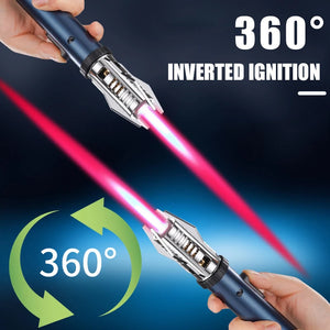 Two blue jet torch lighters shown upright and upside down, both lit, showing 360-degree lighting