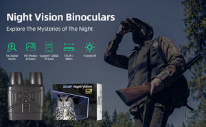 Person at dusk looking through binoculars, with icons for 5x zoom, photo and video, 128GB card, 400 m and 7 IR levels