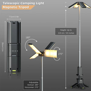 Black version of the telescopic light with sizes: 7.5 cm wide, 28 cm folded, up to 110 cm tall; panels turn