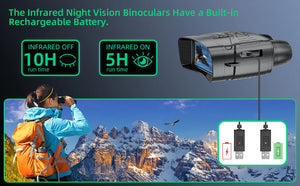Black night vision binoculars charging by USB, with 10 hour and 5 hour run time icons