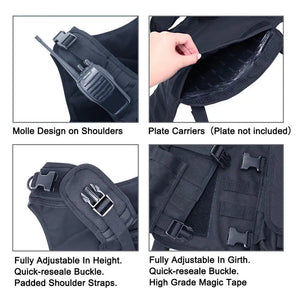 Black vest close-ups: radio on shoulder webbing, inner sleeve, padded shoulder buckle and side buckles