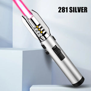 Smooth silver jet torch lighter with gold rings on the head, flame lit
