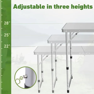 Folding table shown at three heights: 22, 25 and 28 inches, with a push-pin leg lock