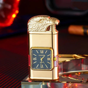 Shiny gold lighter with an eagle head lid and black quartz watch face