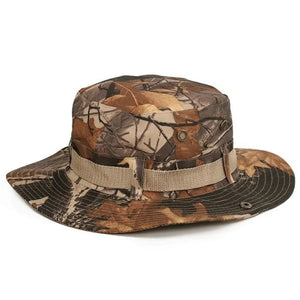 Brown tree-branch camo TactShield sun hat with a tan webbing band and brass vents