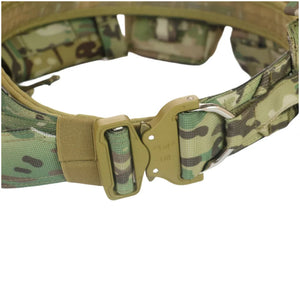 Close-up of the Always Ready belt's quick-release buckle and D-ring on camo webbing