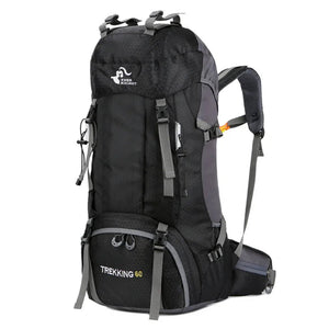 Black 60L hiking backpack side view with padded mesh shoulder straps and hip belt