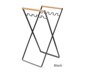 Black folding trash bag stand with wood handles on a white background