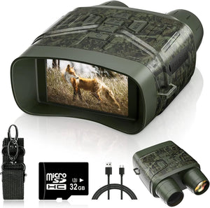 Camo night vision binoculars with a fox on the screen, 32GB card, USB cable and strap