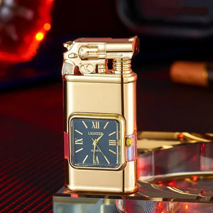 Shiny gold lighter with a revolver-shaped lid and black quartz watch face
