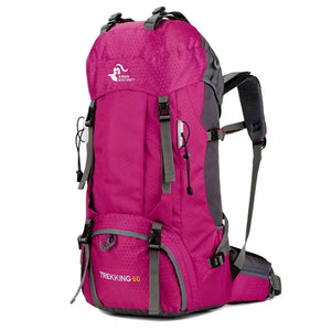 Pink 60L hiking backpack side view with gray straps