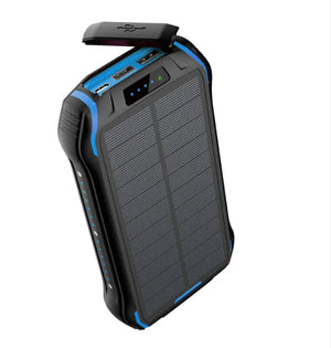 Solar power bank with blue trim, port cover flipped open, four charge lights on top