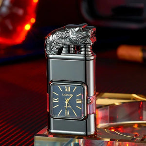 Dark silver lighter with a tiger head lid and black quartz watch face