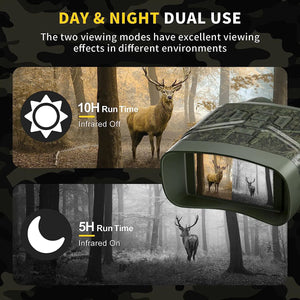 Camo night vision binoculars showing a deer in color by day and in black and white at night