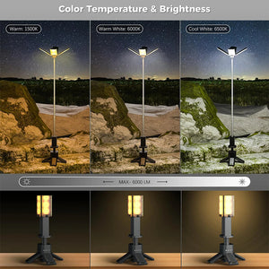 Light on a tall pole in warm, warm white and cool white light at night; max 6000 lumens