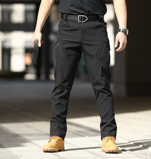 Black Adventure Ready cargo pants worn with a belt and tan boots, front view