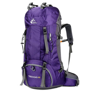 Purple 60L hiking backpack side view with gray straps