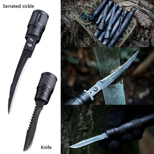 Screw-on knife and serrated sickle blade sections for the trekking pole