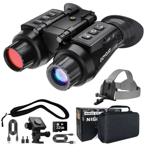 Head-mounted night vision goggles with head strap mount, neck strap, helmet mount, 32 GB card, USB cables, box and carry case