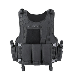Black TrailGuardian MOLLE vest, front view with front and side pouches