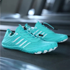 AllTerrain Elite Fusion 7 barefoot shoes in teal with white stripes and pull-tight laces