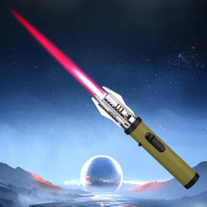 Frosted green jet torch lighter with a pink-red flame against a night sky