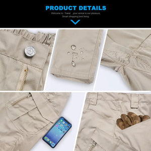 Close-ups of khaki cargo pants: metal button, elastic waist sides, water drops on fabric and a phone pocket
