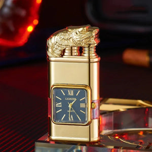 Shiny gold lighter with a tiger head lid and black quartz watch face