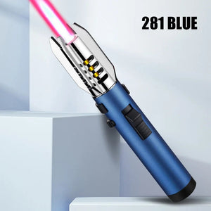Smooth blue jet torch lighter with a chrome head and gold rings, flame lit
