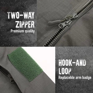 Close-up of the StealthForge two-way front zipper and the hook-and-loop arm patch panel