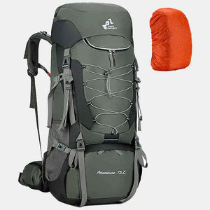 Army green 75L hiking backpack with cord lace on the front and an orange rain cover beside it