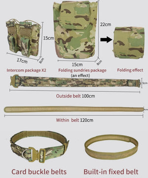 Size chart: double pouches 17x15x8 cm, fold-up pouch 15x22x8 cm, outer belt 100x5 cm, inner belt 120x4 cm