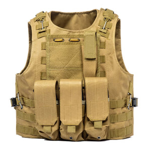 Tan MOLLE vest of a different design, with three front pouches and metal clips at the shoulders