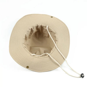 Underside of a tan TactShield sun hat with the chin cord and slide stopper