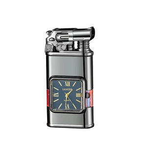 Dark silver lighter with a revolver-shaped lid and square quartz watch, white background