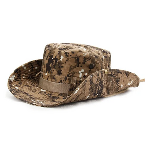Desert digital camo sun hat with a tan webbing band