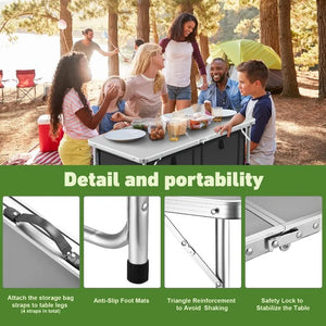 Family at the EasyStore folding table at camp, plus close-ups of the strap, rubber foot, leg brace and latch