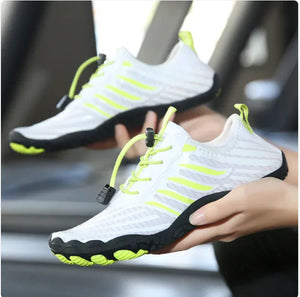 Elite Fusion 7 barefoot shoes in white with fluorescent green stripes