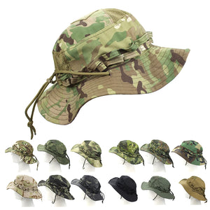 Camo boonie hat in multicam, with all 12 patterns shown below