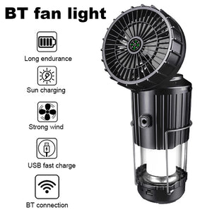 Black solar lantern with fan; icons: long battery, sun charging, strong wind, USB charge, BT