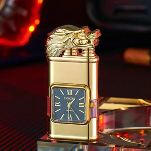 Shiny gold lighter with a dragon head lid and black quartz watch face