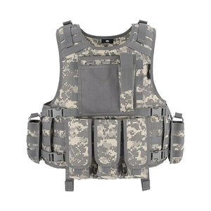 ACU gray digital camo MOLLE vest, front view with chest panel and front pouches