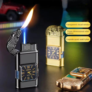 Black croc-lid FlameGuard lighter burning a yellow and blue flame, with gold croc lighters behind it