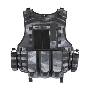 Gray and black camo MOLLE vest, front view with front and side pouches
