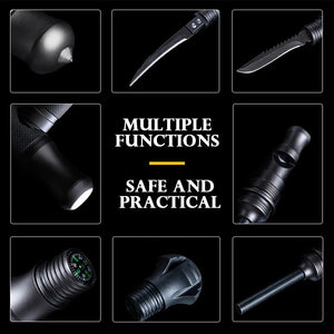 Trekking pole tools: glass breaker, sickle blade, knife, flashlight, whistle, compass and foot