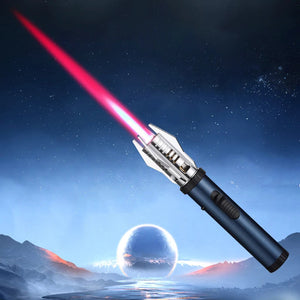 Frosted blue jet torch lighter with a pink-red flame against a night sky