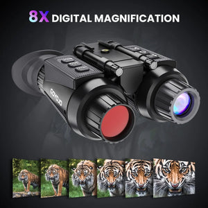 NightHawk 3D goggles with red and clear lenses above a row of tiger photos zooming in from 1x to 8x