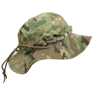 CP camo boonie hat, side view with chin cord