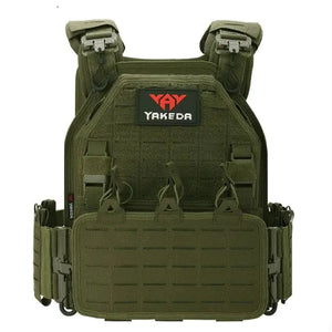 Army green vest, front view, with laser-cut panels and quick-release shoulder buckles