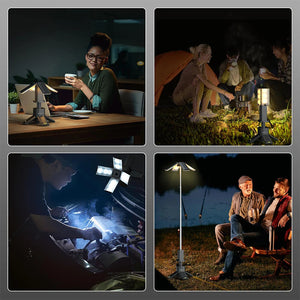 Four uses: on a desk, by a campfire, over a car engine, and on a tall pole by a lake